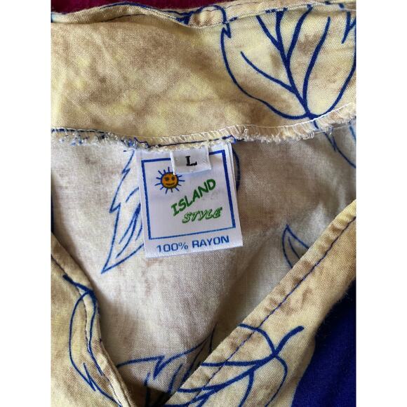 Island Style Large Rayon Dress Blue Yellow Short Sleeve Tie Back Rayon - Picture 4 of 7